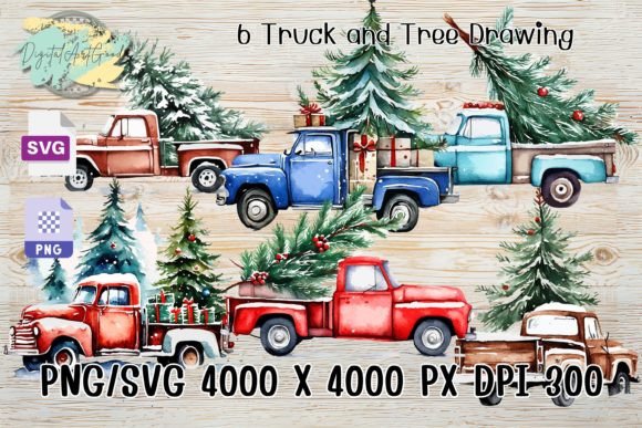 6 Truck and Tree Watercolor Drawing SVG for Crafters and Etsy Sellers