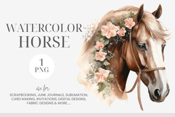 Brown White Watercolor Floral Horse Illustrations for Real Crafting