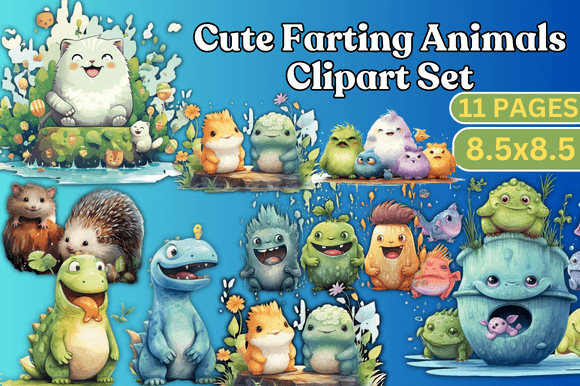 Cute Farting Animals Watercolor Clipart: A Playful Illustration for Local Branding