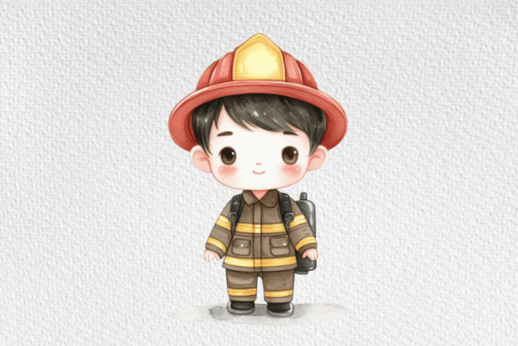 Cute Kid Firefighters Watercolor