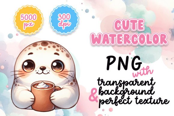 Cute Watercolor Seal with Hot Cocoa: A Cozy Illustration for Crafters & Etsy Sellers