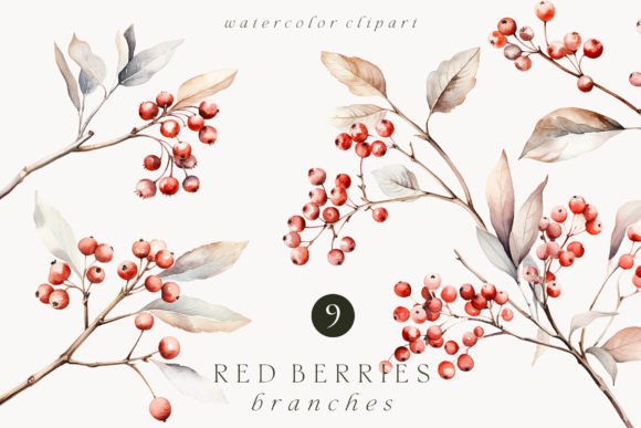 Elegant Winter Branding with Watercolor Winter Red Berries Twigs PNG