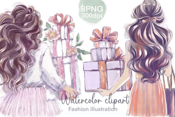 Girl and Gift Fashion Watercolor Clipart: A Fresh Visual Asset for Lifestyle Branding and Marketing