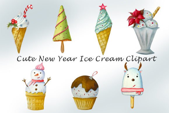 New Year Ce Cream Watercolor ClipArt for Festive Illustrations