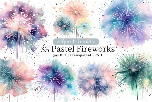 Pastel Fireworks Watercolor Clipart for Etsy & Print-on-Demand Sellers