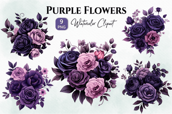 Purple Watercolor Flowers Clipart Bundle for Branding & Marketing Illustrations