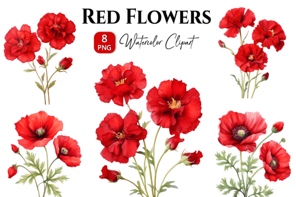 Red Wild Flowers Watercolor Clipart for Branding & Marketing Visuals