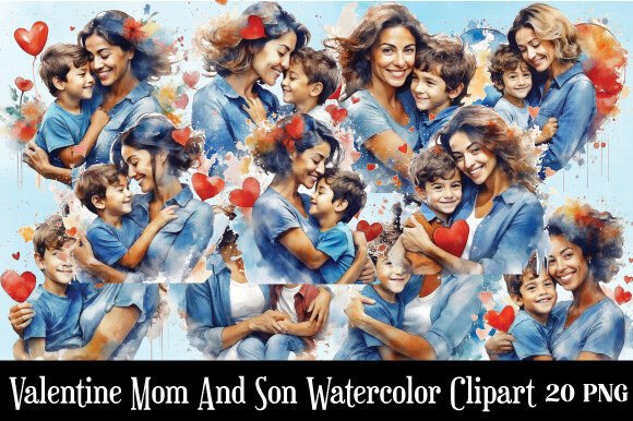 Valentine Mom and Son Watercolor Clipart for Lifestyle & Editorial Design