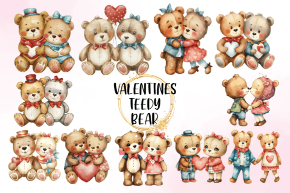 Valentines Watercolor Teddy Bear Clipart for Branding and Design Projects