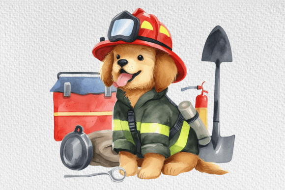 Watercolor Dog Firefighter Clipart – A Playful Illustration for Local Branding Projects