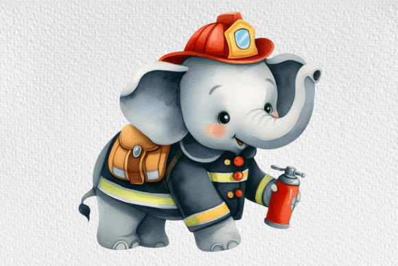 Watercolor Elephant Clipart Firefighter Illustrations for Craft Projects
