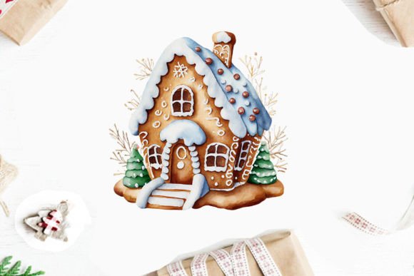 Watercolor Gingerbread House Illustrations for Seasonal Branding