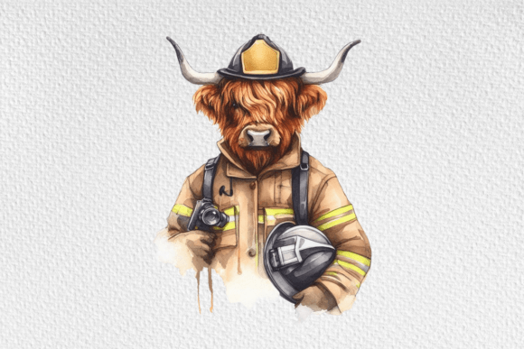Watercolor Highland Cow Firefighter Illustration: A Craft-Friendly Graphic for Cricut & Handmade Projects