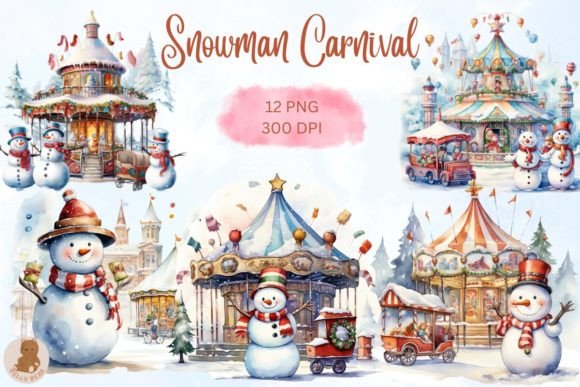 Watercolor Snowman Carnival Bundle: Festive Illustrations for Digital Sellers