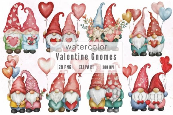 Watercolor Valentine Gnomes Illustrations for Creative Sellers