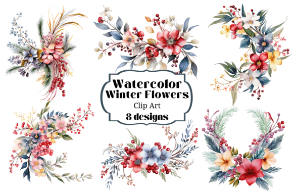 Watercolor Winter Flowers Clipart for Seasonal Branding & Packaging